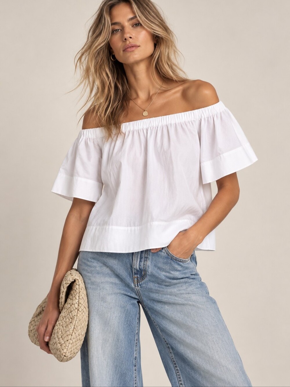 VINCE White Off The Shoulder Cropped Cotton Poplin Top Blouse Small